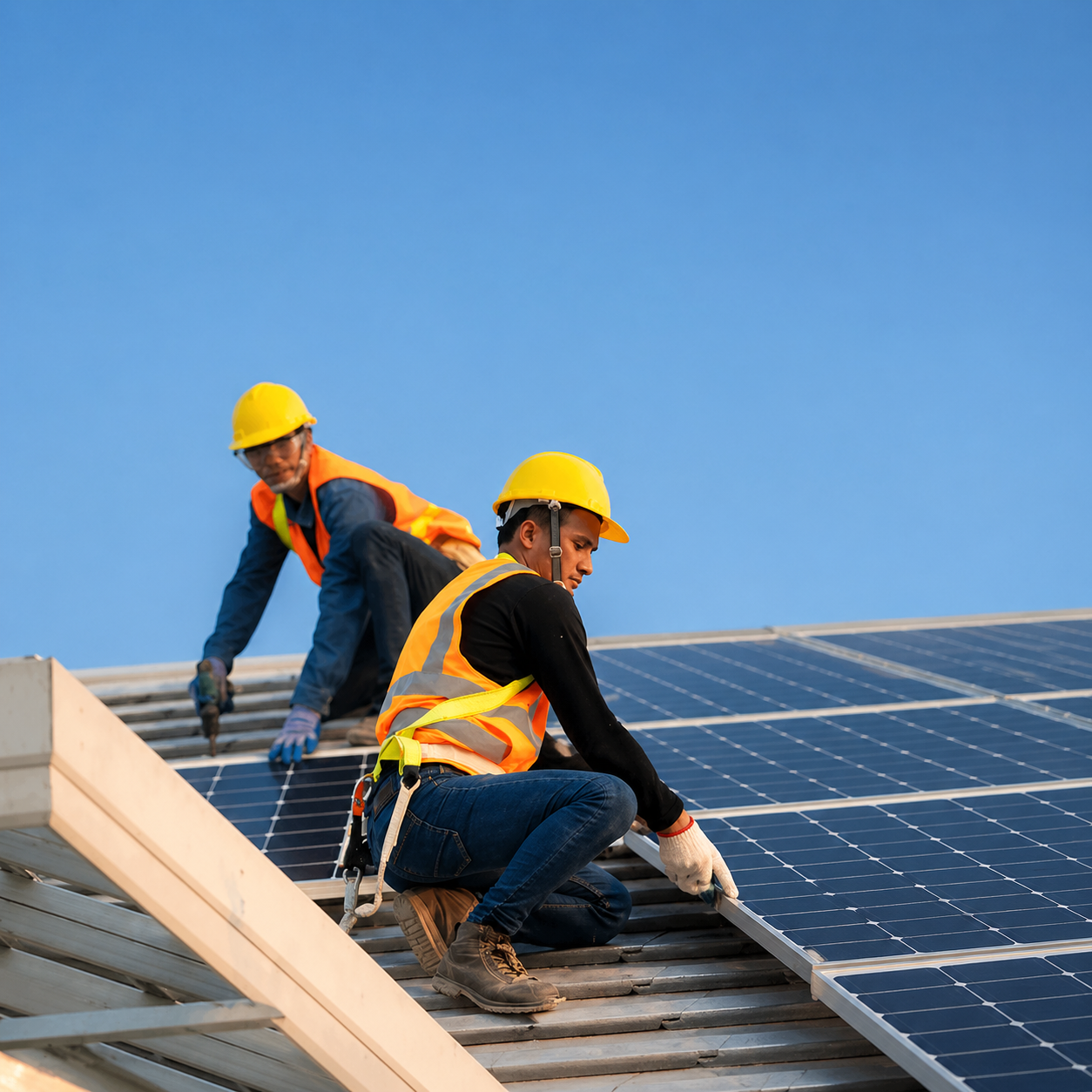 Technicians servicing industrial rooftop solar panels